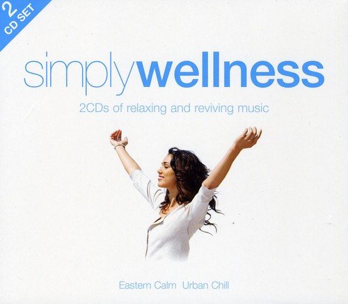 "CD cover with 'simply wellness' title, a woman raising her arms, and Amazon logo."