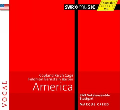 Red album cover with white text, featuring "America" and composer names.