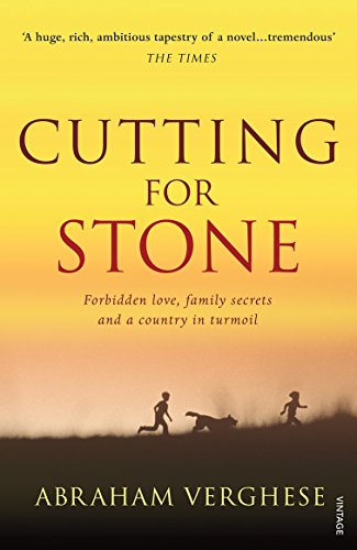 "Book cover of 'Cutting for Stone' with silhouetted figures and a yellow-orange gradient background."