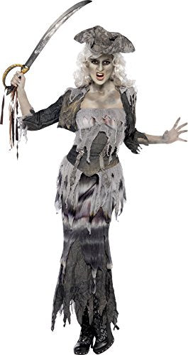 A woman dressed in a tattered pirate costume, holding a sword, against a white background.