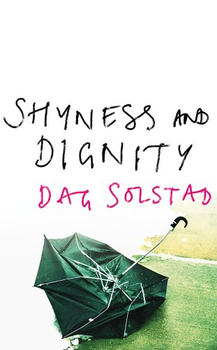 "Book cover with 'Shyness and Dignity' in black, author's name in pink, and a broken umbrella."