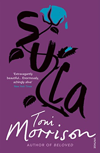 The image depicts a purple book cover with "Sula" in large black letters and a blue flower.