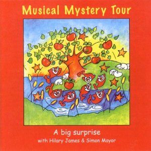 "CD cover: red background, cartoon apples on tree and water, 'Musical Mystery Tour' title."
