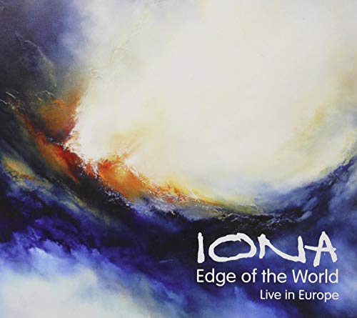 "Album cover art with abstract blue and white clouds, 'Iona Edge of the World Live in Europe'."