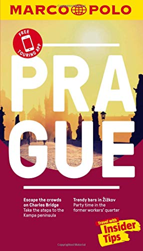 The image shows a travel guide cover for Prague. "Travel guide cover with 'Prague' in large white text on red and yellow background."