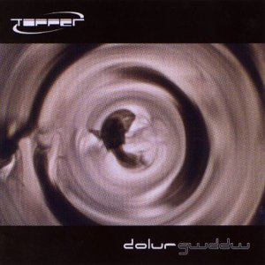 Album cover: swirling, abstract, monochromatic design with "Topper" and "dolur gwddw" text on black background.