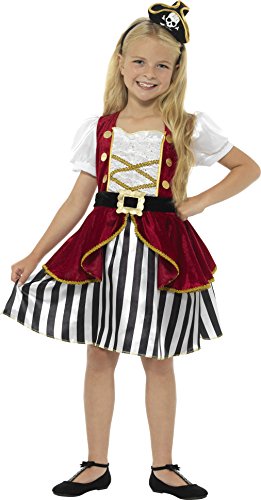A young girl wearing a pirate costume, consisting of a red vest, striped skirt, and pirate hat.