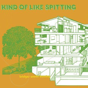 "Album cover with orange background, green house illustration, and tree."