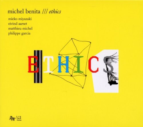 "Album cover with 'ETHICS' in multicolored letters on a bright yellow background."