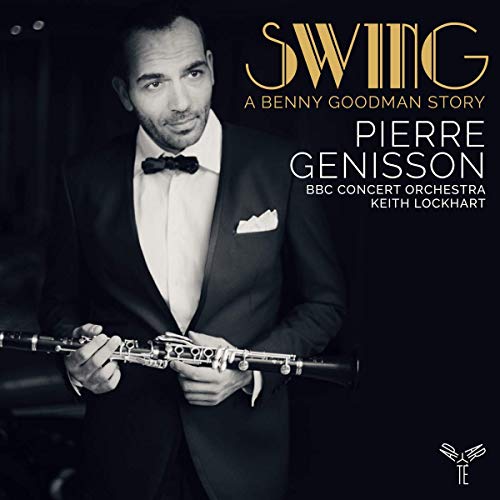 "Album cover featuring a man in tuxedo holding a clarinet, with text and logo."