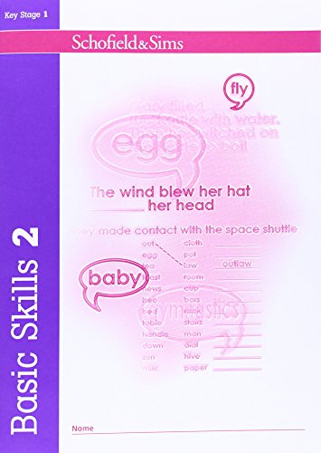 "Cover of 'Basic Skills 2' workbook, featuring pink and purple design with text examples."