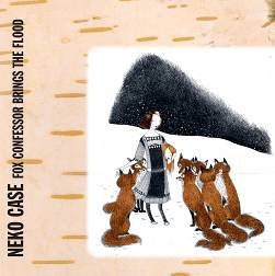Neko Case album cover: woman surrounded by foxes under a black shape on beige background.