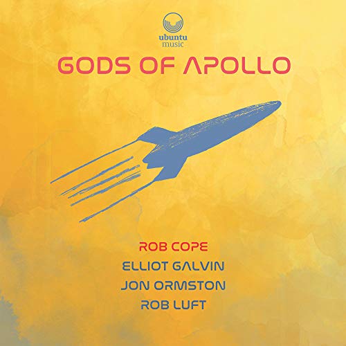 "Album cover with yellow background, blue rocket, and red and blue text."