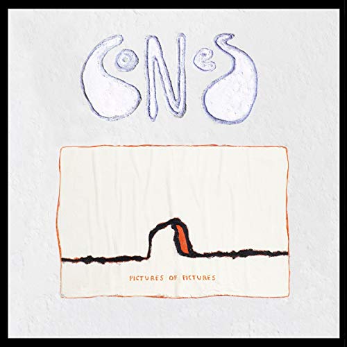 The alt text for the image is: "Album cover with abstract drawing and 'cones' and 'pictures of pictures' text."