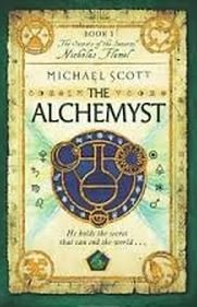 "The Alchemyst book cover with alchemical symbols and a flask on a green background."