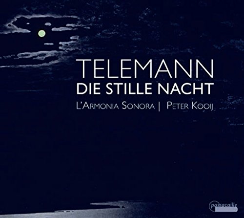 "CD cover with dark blue background, white clouds, and moon, featuring 'TELEMANN DIE STILLE NACHT'."