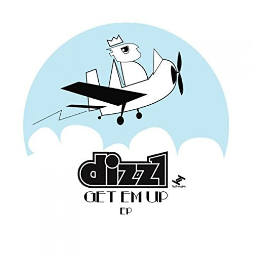 Vinyl record cover with cartoon plane and "dizz1 Get 'Em Up EP" text.
