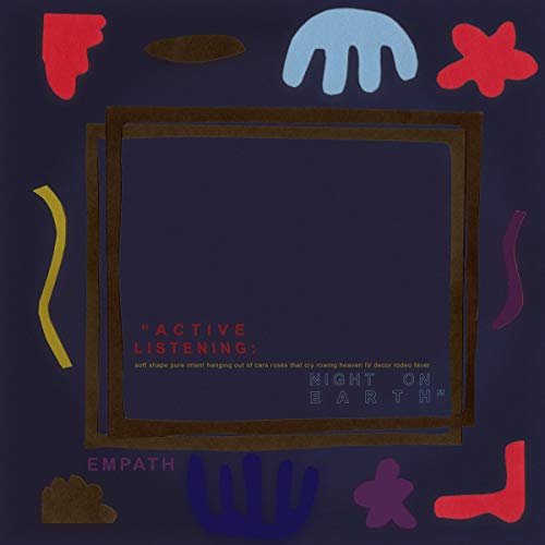"Dark blue album cover with abstract shapes and text in a brown frame."