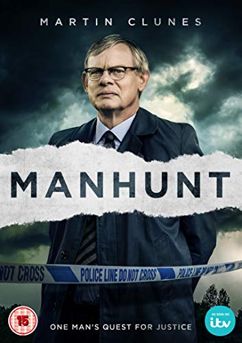 DVD cover for "Manhunt" featuring a man in a suit behind police tape.