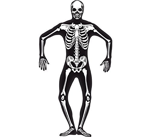 "Black skeleton costume with white bones printed on a full-body black bodysuit."