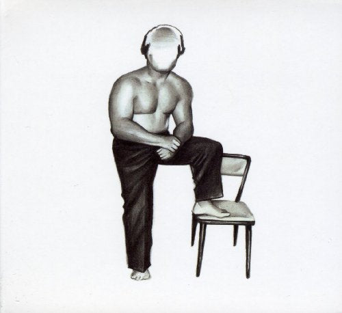A man with no face sits on a chair, wearing headphones, in a monochrome illustration.