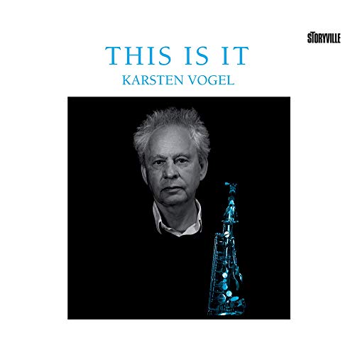 Album cover with a man and saxophone illustration against a black background.