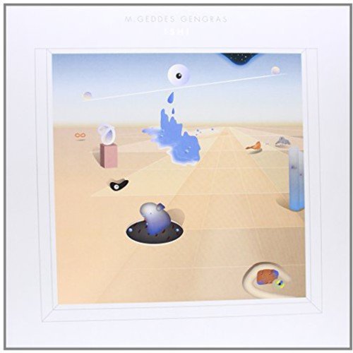 Album cover art for "Ishi" by M. Geddes Gengras, surreal desert landscape with abstract objects.