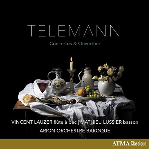 CD cover with a table setting and text "Telemann Concertos & Ouverture" on a black background.