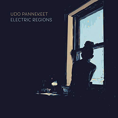 The image depicts a woman sitting by a window, lost in thought. The alt text for this image could be: "A silhouette of a woman sitting by a window, looking outside with a contemplative expression, with the title 'Electric Regions' and artist name 'Udo Pannekeet' visible."