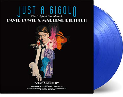 "Blue vinyl record with black album cover featuring David Bowie and Marlene Dietrich collage."