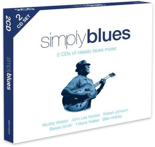 "CD cover featuring a man playing guitar, titled 'Simply Blues' on a white background."
