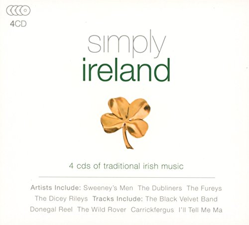 "CD cover with 'Simply Ireland' title, gold shamrock, and artist information on a white background."
