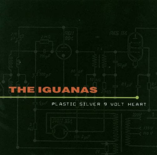 "Album cover with 'The Iguanas' in orange, circuit diagram on dark green background."