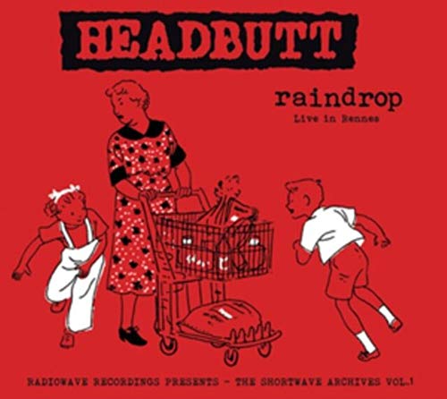 Red album cover with cartoon illustration of people and a shopping cart.
