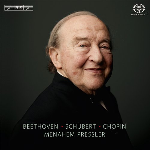 "CD cover featuring a portrait of Menahem Pressler against a dark background."