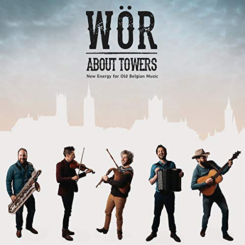 "CD cover featuring five men playing instruments against a city skyline background."