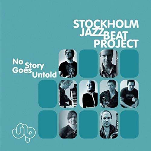 "CD cover with teal background, white text, and photos of six musicians."