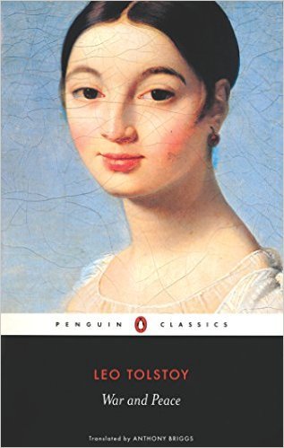 "Book cover with a portrait of a woman and title 'War and Peace'."