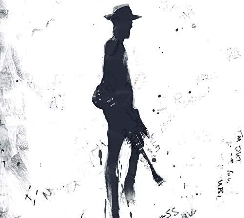 Silhouetted figure with hat, abstract white brushstrokes, CD album cover.