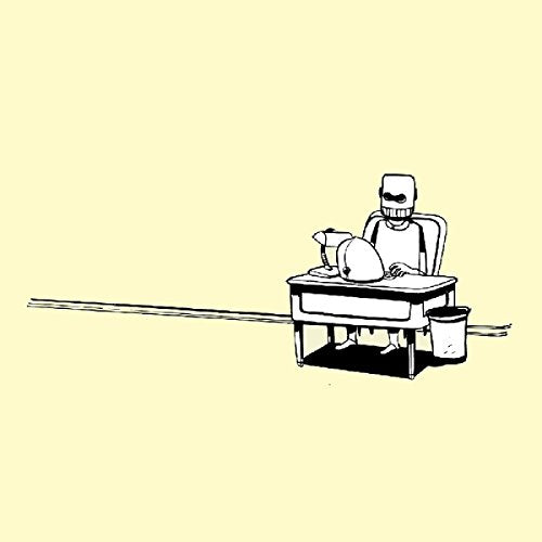 A black-and-white illustration of a skeleton at a desk on a pale yellow background.