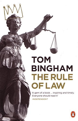 The image depicts a book cover with a statue of Lady Justice.