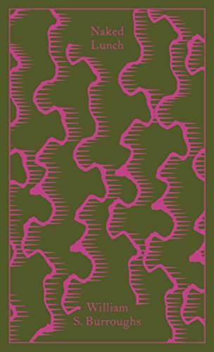 The image depicts a book cover. Alt text: Green book cover with pink pattern and title "Naked Lunch" by William S. Burroughs.