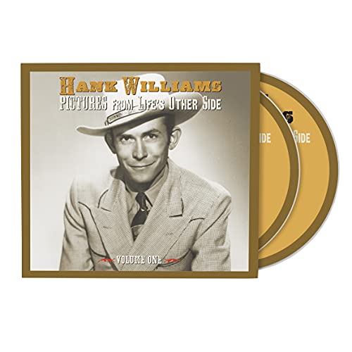 Hank Williams' album cover featuring a black-and-white portrait of him wearing a cowboy hat.