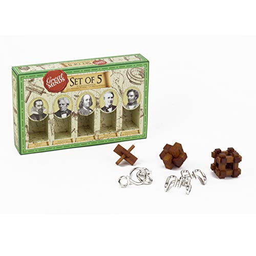 Professor Puzzles Great Minds Brain Teaser Puzzle Set - 5 Piece - 3 X Wooden Brain Teaser Puzzle & 2 X Metal Entanglement Puzzles - Male