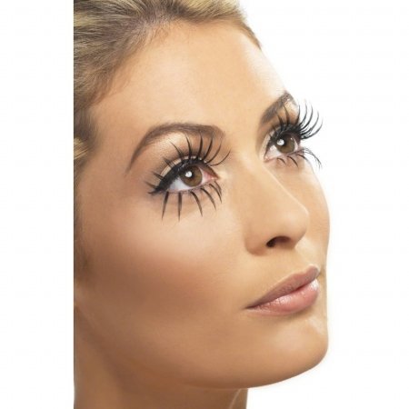 "Package of black false eyelashes, top and bottom set, with adhesive, on a blue card."