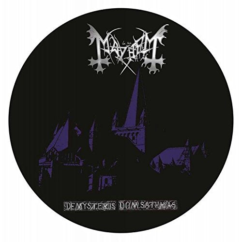 Black vinyl record with Mayhem logo and purple church silhouette.