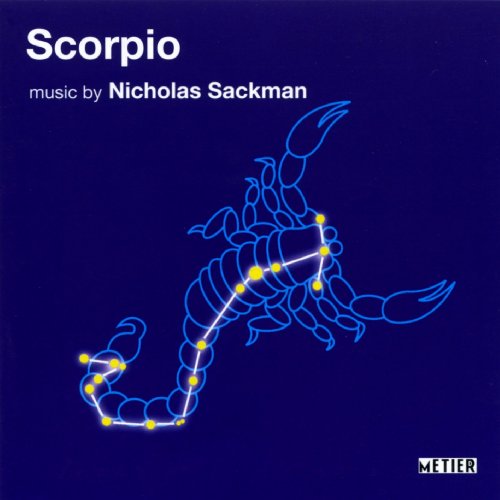 "Album cover with blue scorpion constellation on dark blue background, titled 'Scorpio'."