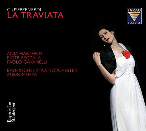 Woman in white dress with red flower on opera album cover against a black background.
