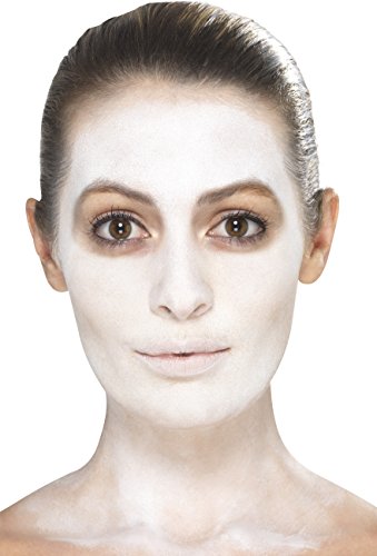 A porcelain doll head with stitched face and black eye makeup, grey hair, and bow.