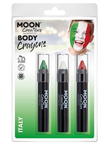 "Packaged body crayons in green, white, and red, with a boy's painted face."
